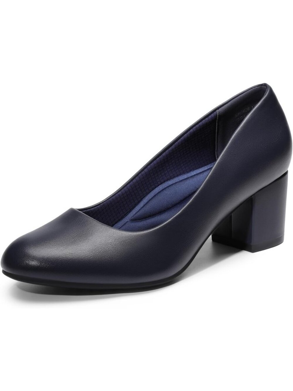 Women's Navy Pu Chunky Block Heel Pumps Round Toe Non Slip Outsole Dress Shoes